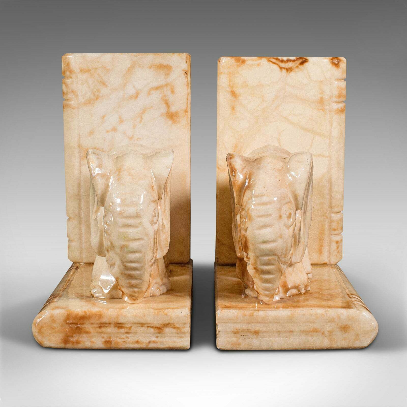 Pair Of Antique Elephant Bookends, African, Milk Onyx, Book Rest, Victorian photo Home Decor