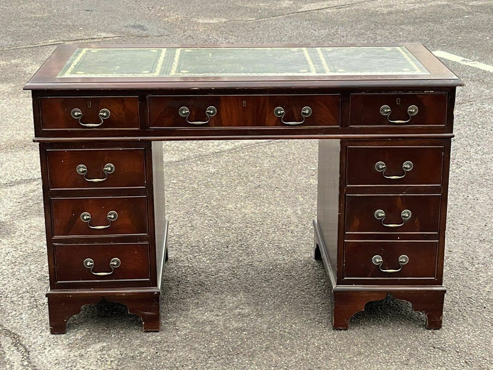 Pedestal Desk In Flame Veneer Mahogany With Green Leather Top. photo for sale
