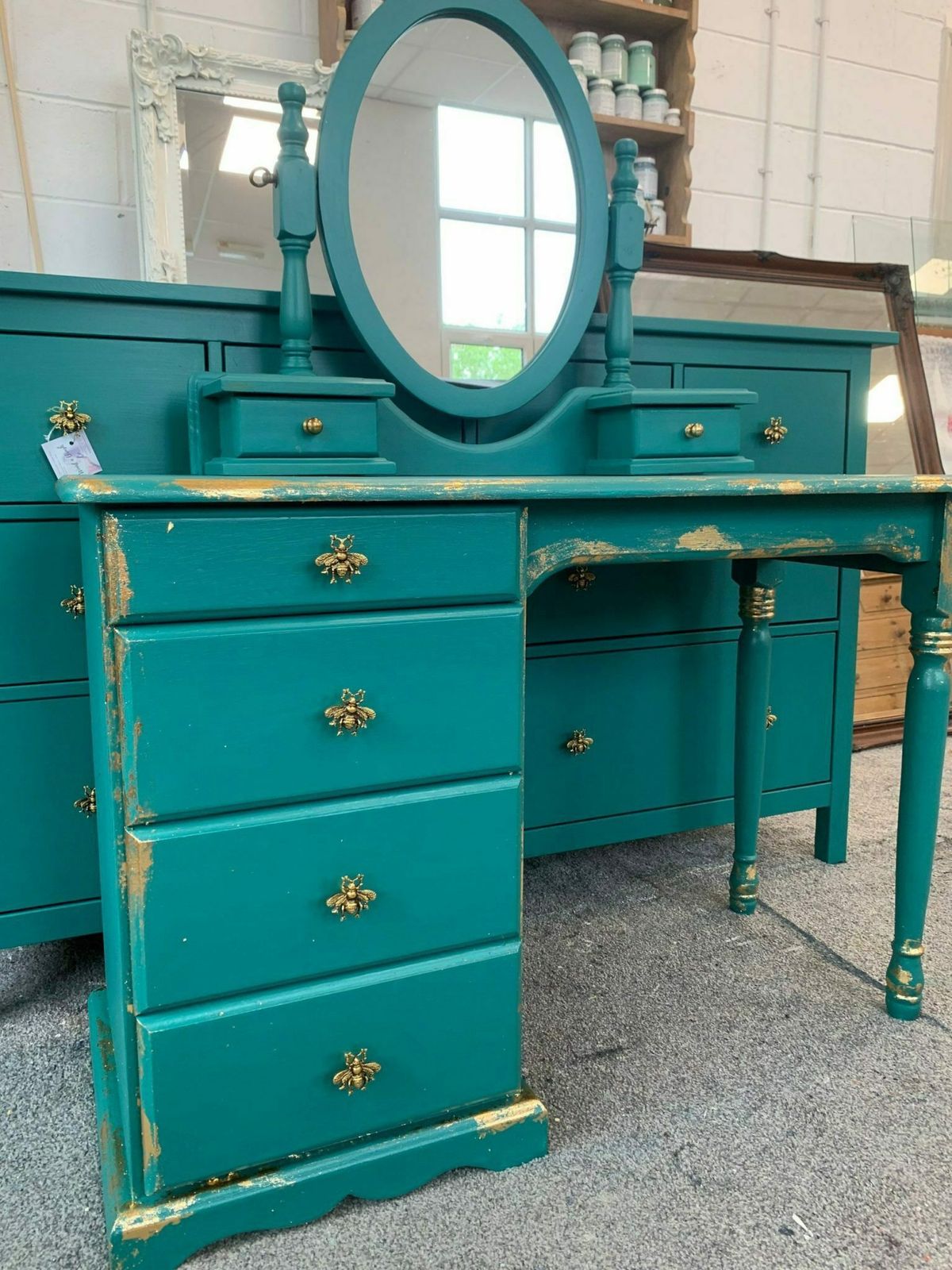 Dressing Table Painted Bespoke Moroccan Geometric Gold Leaf Bee Elephant Handles Stencilled photo for sale