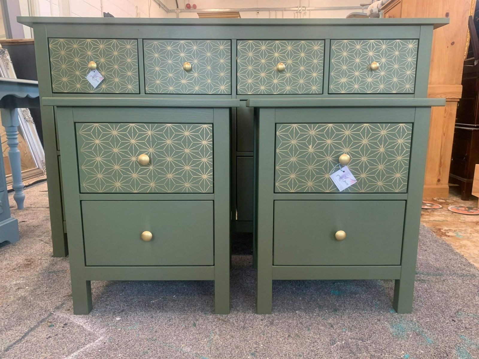 Pair Of Bedside Tables Painted Geometric Gold Bee Khaki Green photo furniture