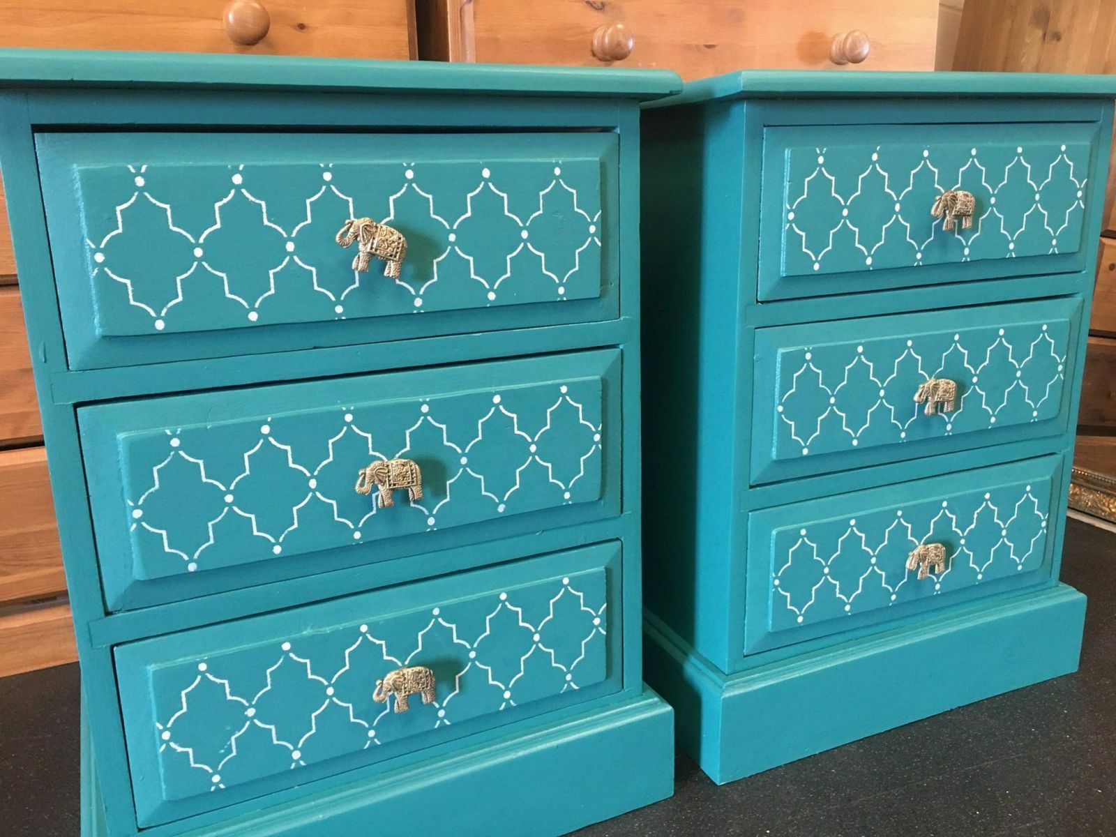 Pair Of Bedside Tables Painted Geometric Gold Bee Khaki Green photo 350.0
