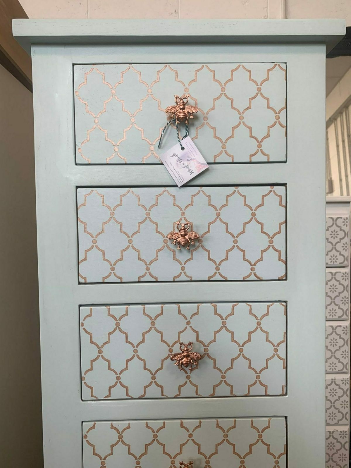 Tall Boy Chest Painted Bespoke Moroccan Geometric Bee Elephant Handles Stencilled photo furniture