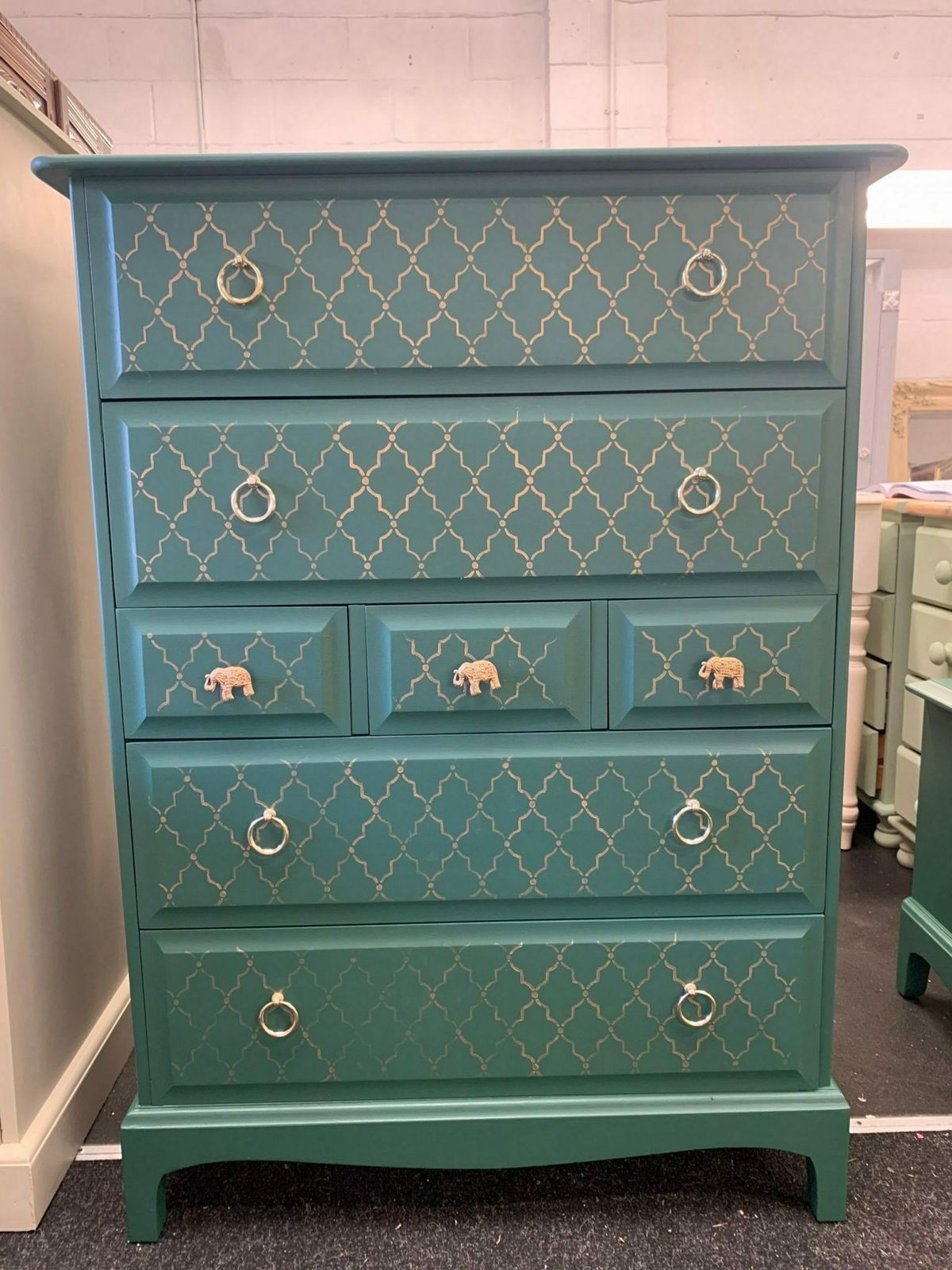 Stag Minstrel Chest Of Drawers Tall Boy Mid Century Painted Bespoke Stencilled