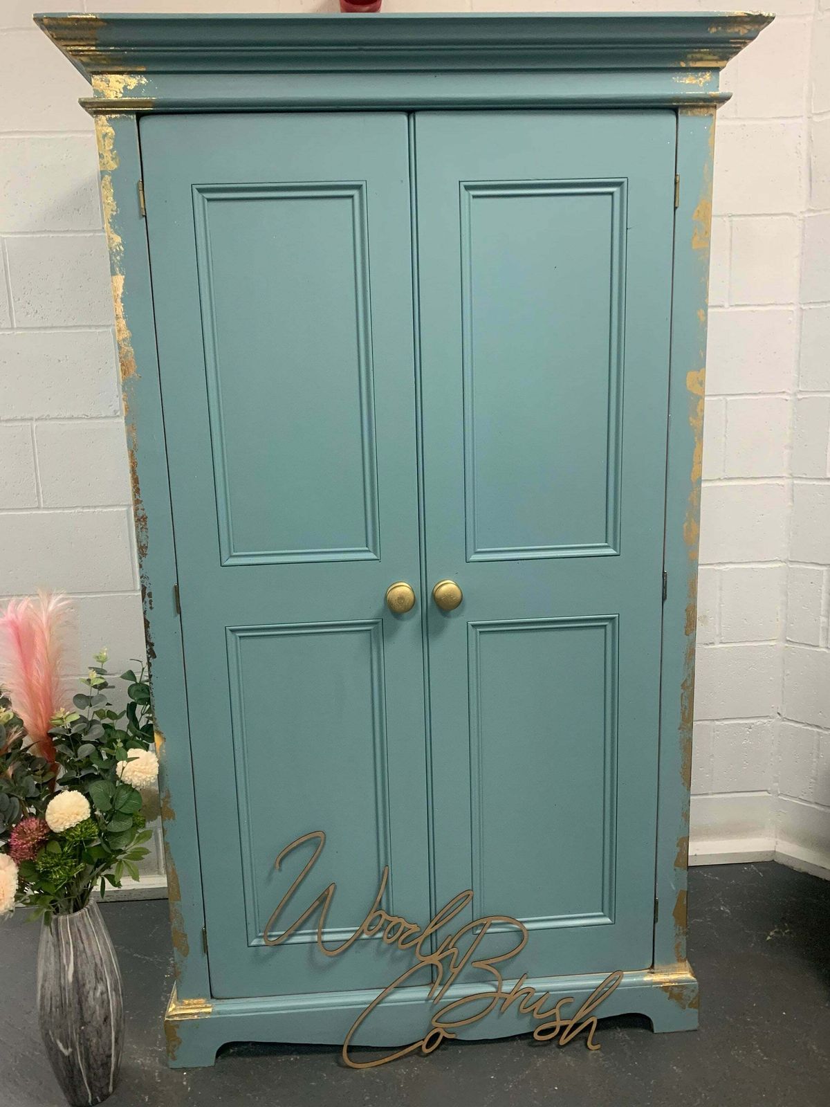 Custom Painted Bespoke Wardrobe Blue And Gold Leaf Effect