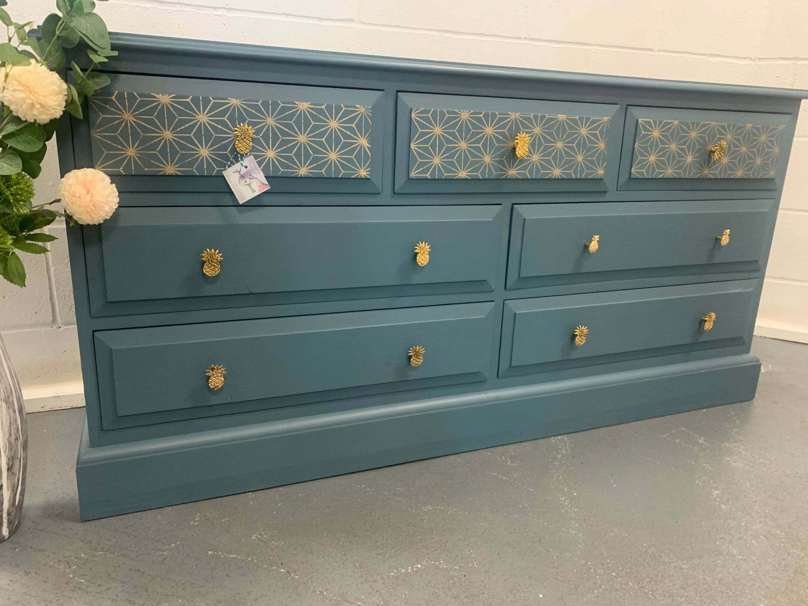 Large Chest Of Drawers Painted Bespoke Stencilled Upcycled Blue Gold Geometric photo furniture
