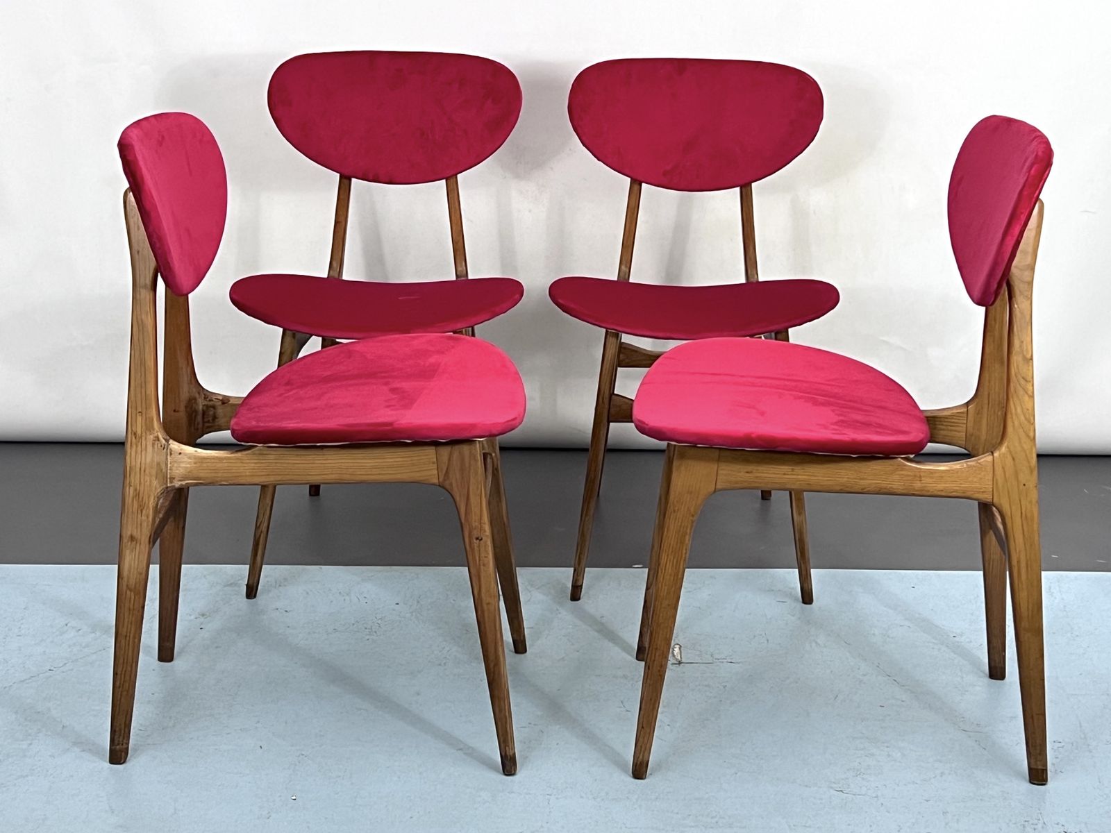 Mid Century Set Of Four Red Velvet And Wood Dining Chairs. Italy 1950s photo Furniture