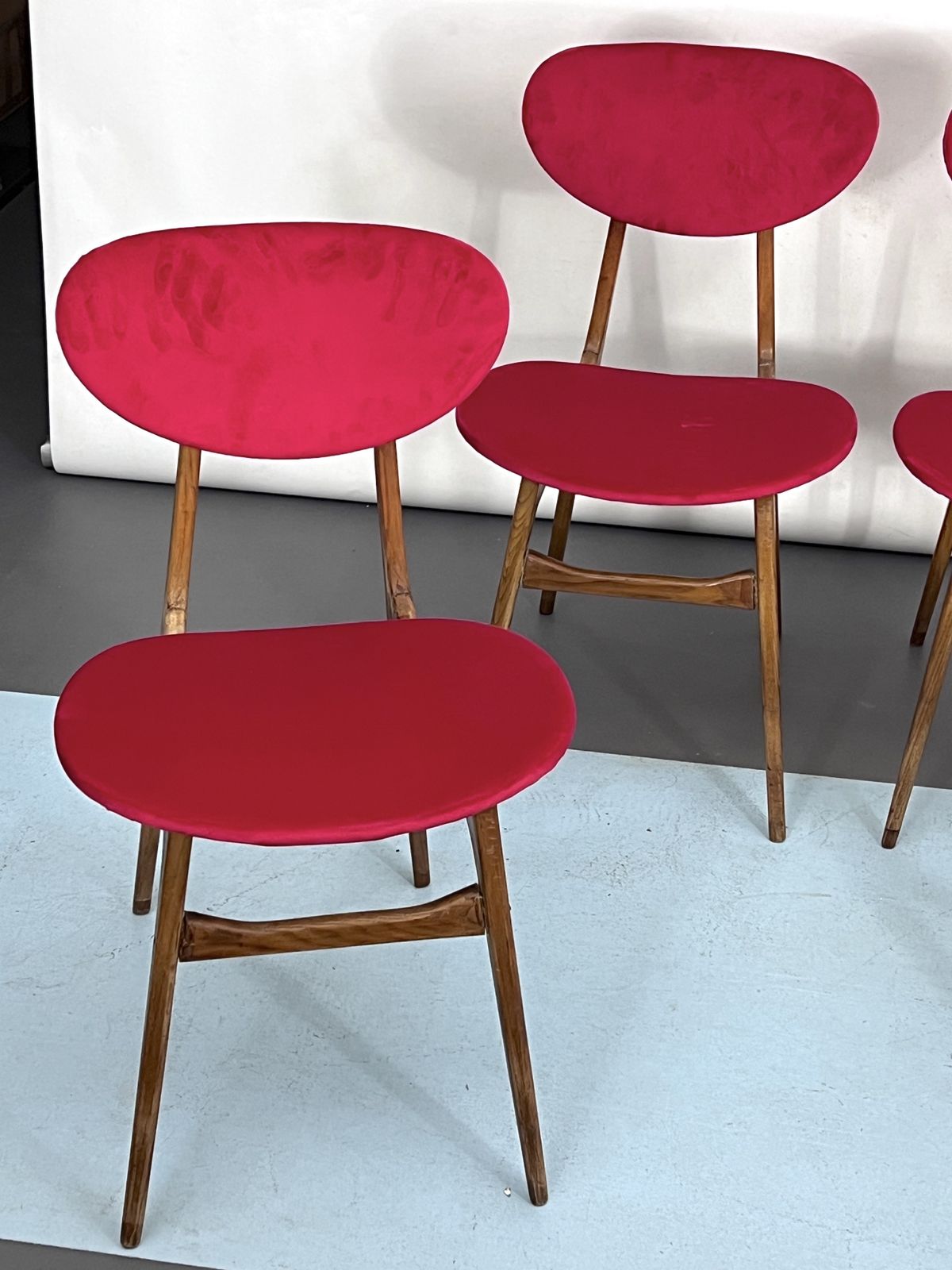 Mid Century Set Of Four Red Velvet And Wood Dining Chairs. Italy 1950s photo 1558.7