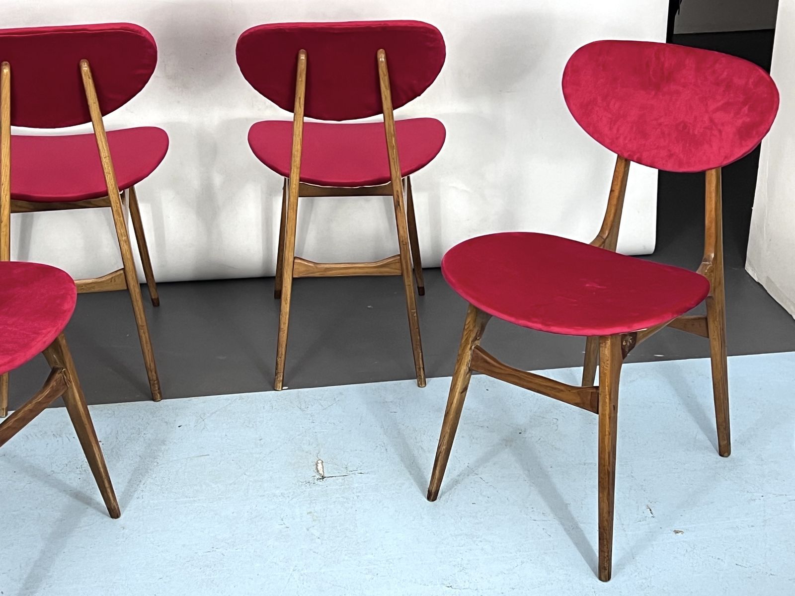 Mid Century Set Of Four Red Velvet And Wood Dining Chairs. Italy 1950s photo buy