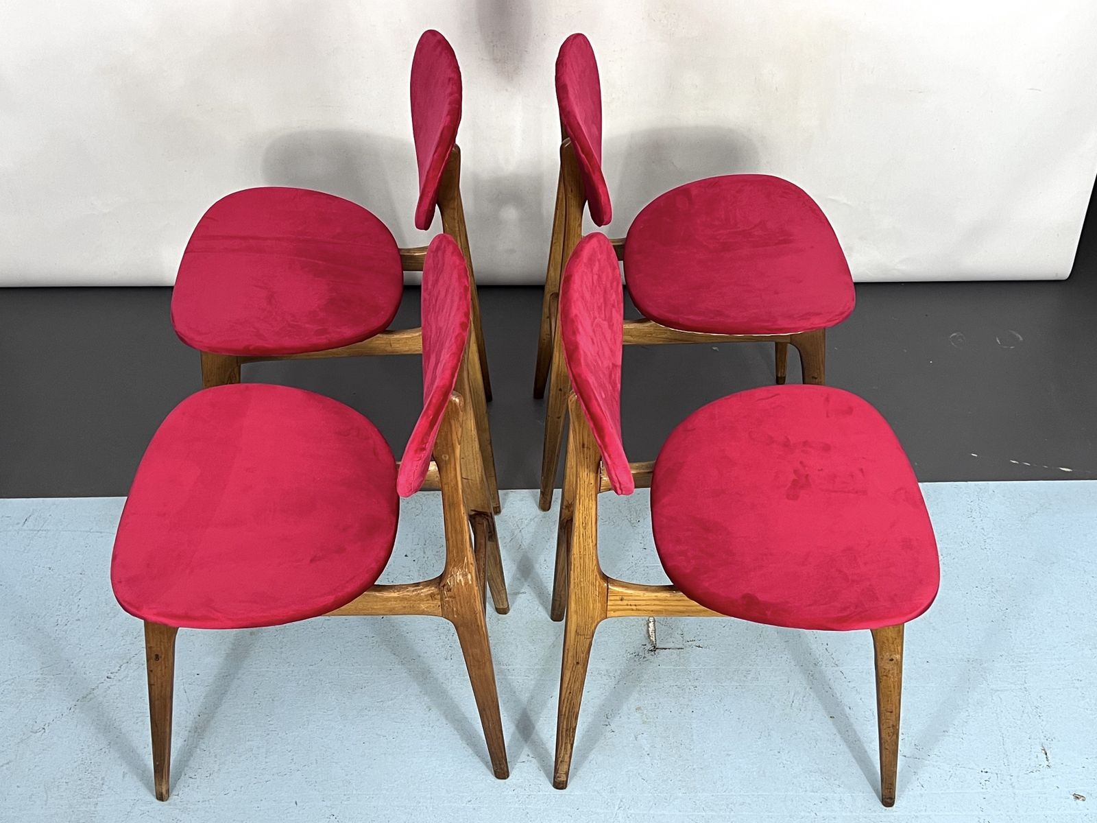 Furniture Mid Century Set Of Four Red Velvet And Wood Dining Chairs. Italy 1950s photo