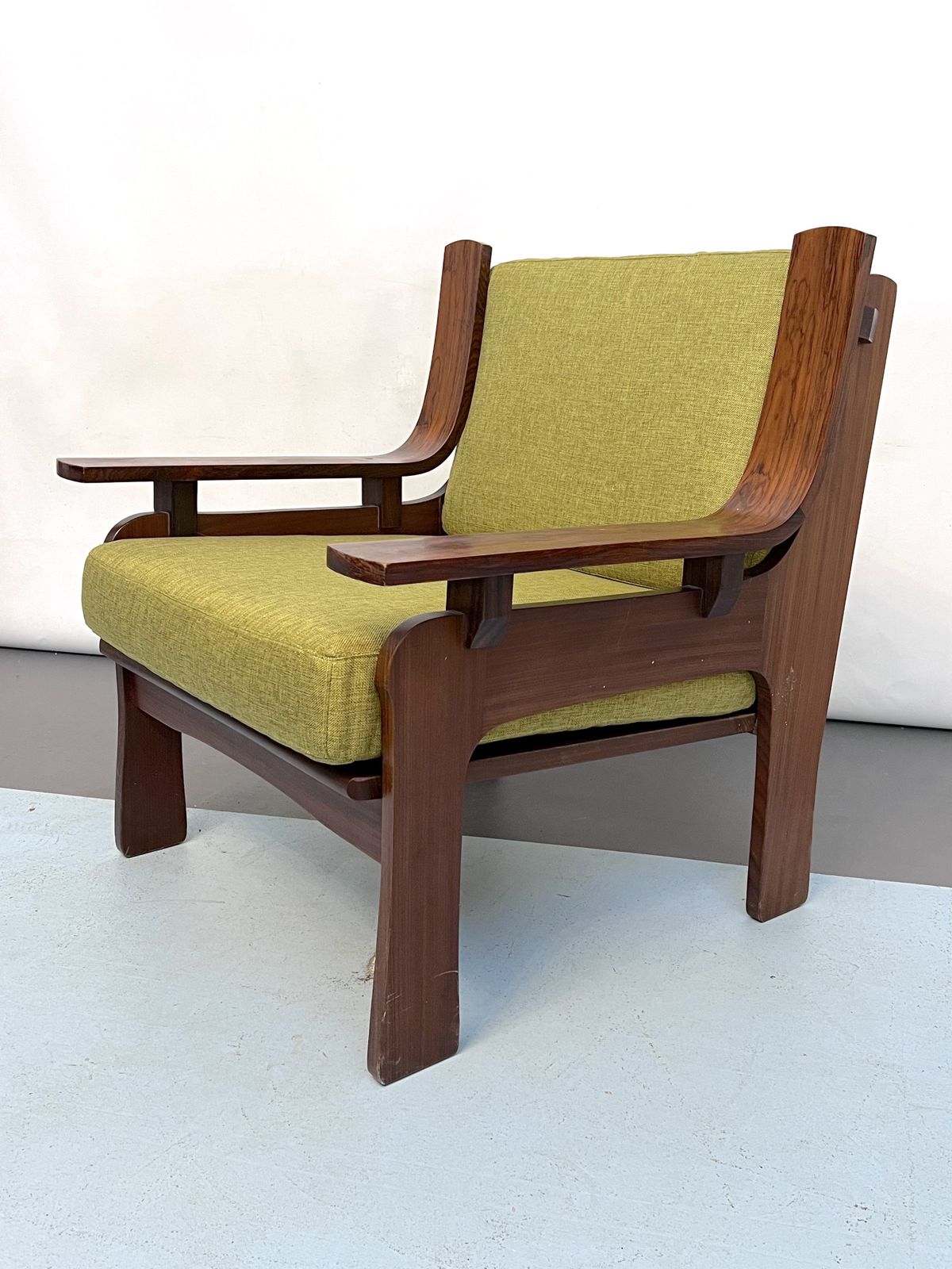 Mid Century Set Of Four Armchairs And A Sofa In Wood And Green Fabric. Italy 1960s photo vintage