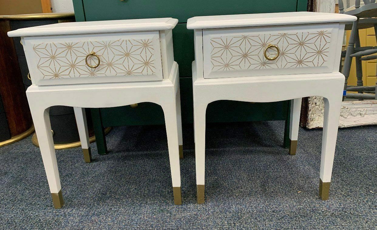 Stag Minstrel Pair Bedside Tables Painted Bespoke Moroccan Geometric Cream With Gold Leaf Bee Elephant Handles Stencilled photo Furniture