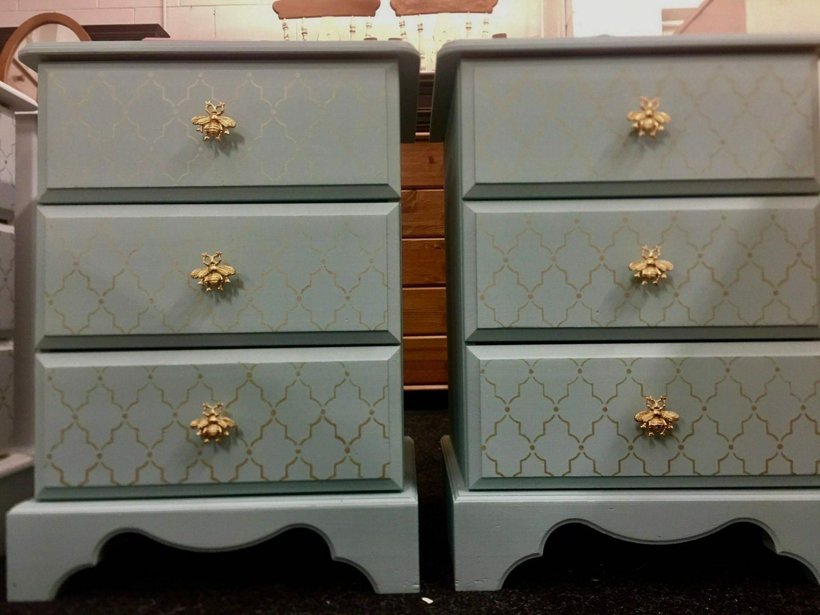 Pair Of Bedside Tables Painted Bespoke Moroccan Geometric Art Deco Gold Leaf Bee Elephant Handles Stencilled photo for sale