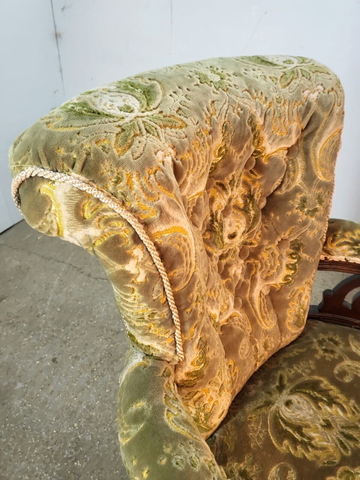 Antique Victorian Open Wood Frame Armchair Curved Back Green Floral Cabriole Leg photo for sale
