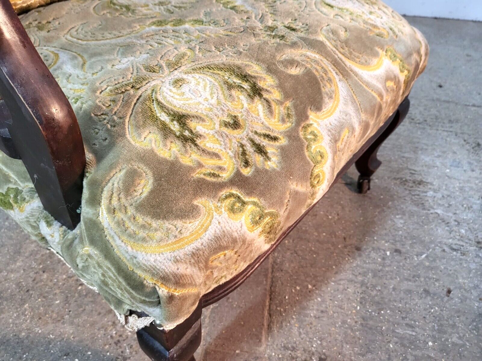 Antique Victorian Open Wood Frame Armchair Curved Back Green Floral Cabriole Leg photo 295.0