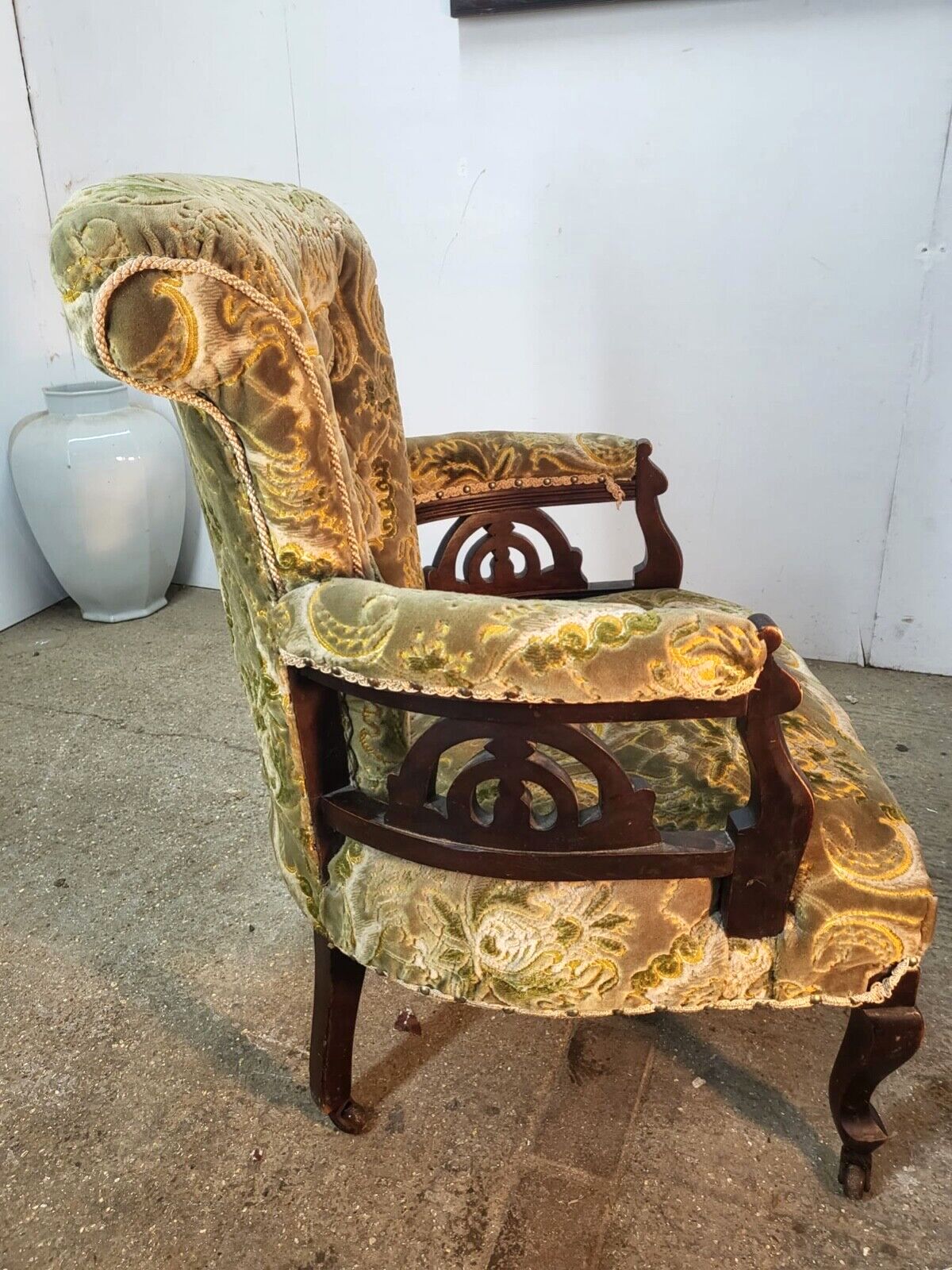 Antique Victorian Open Wood Frame Armchair Curved Back Green Floral Cabriole Leg photo vintage