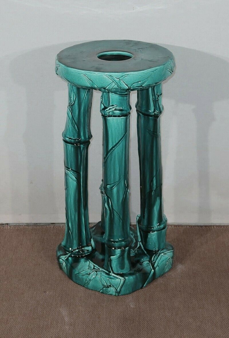 Green Glazed Ceramic Planter Support With Blue Reflections, Decorated With Bamboo, 1920
