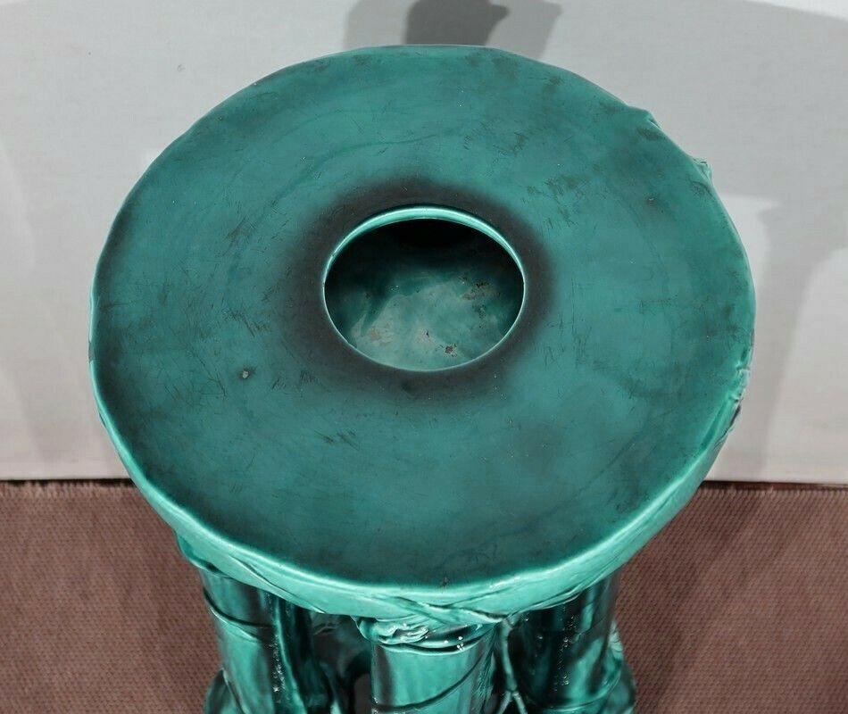 Green Glazed Ceramic Planter Support With Blue Reflections, Decorated With Bamboo, 1920 photo Home Decor
