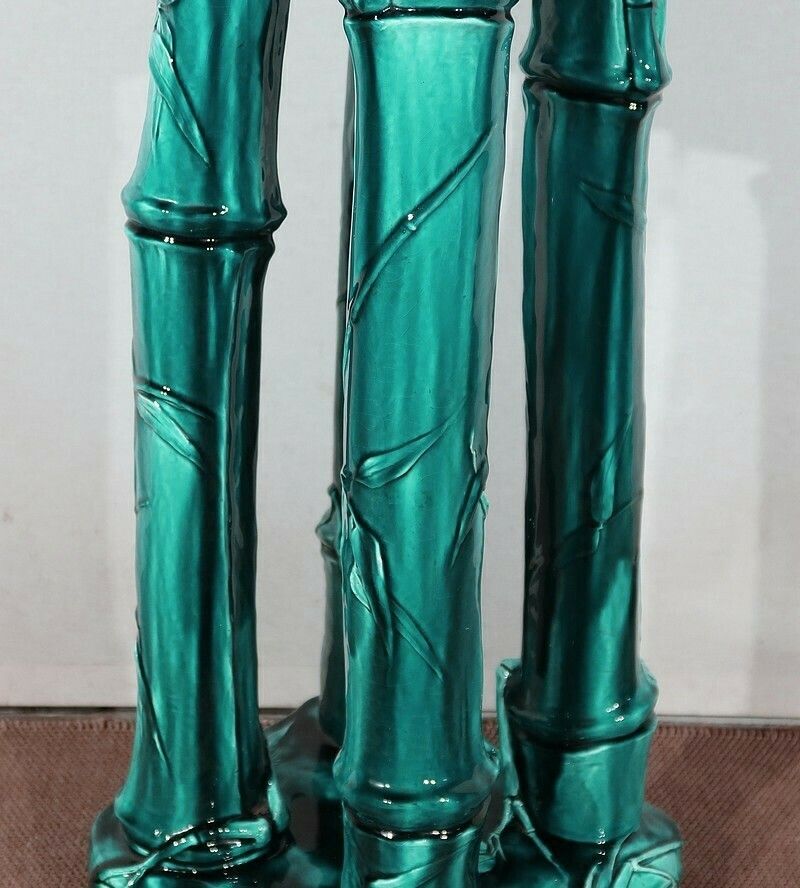 Green Glazed Ceramic Planter Support With Blue Reflections, Decorated With Bamboo, 1920 photo buy