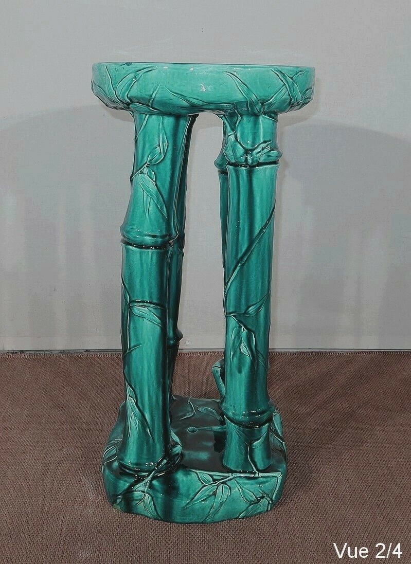 photo vinterior Green Glazed Ceramic Planter Support With Blue Reflections, Decorated With Bamboo, 1920