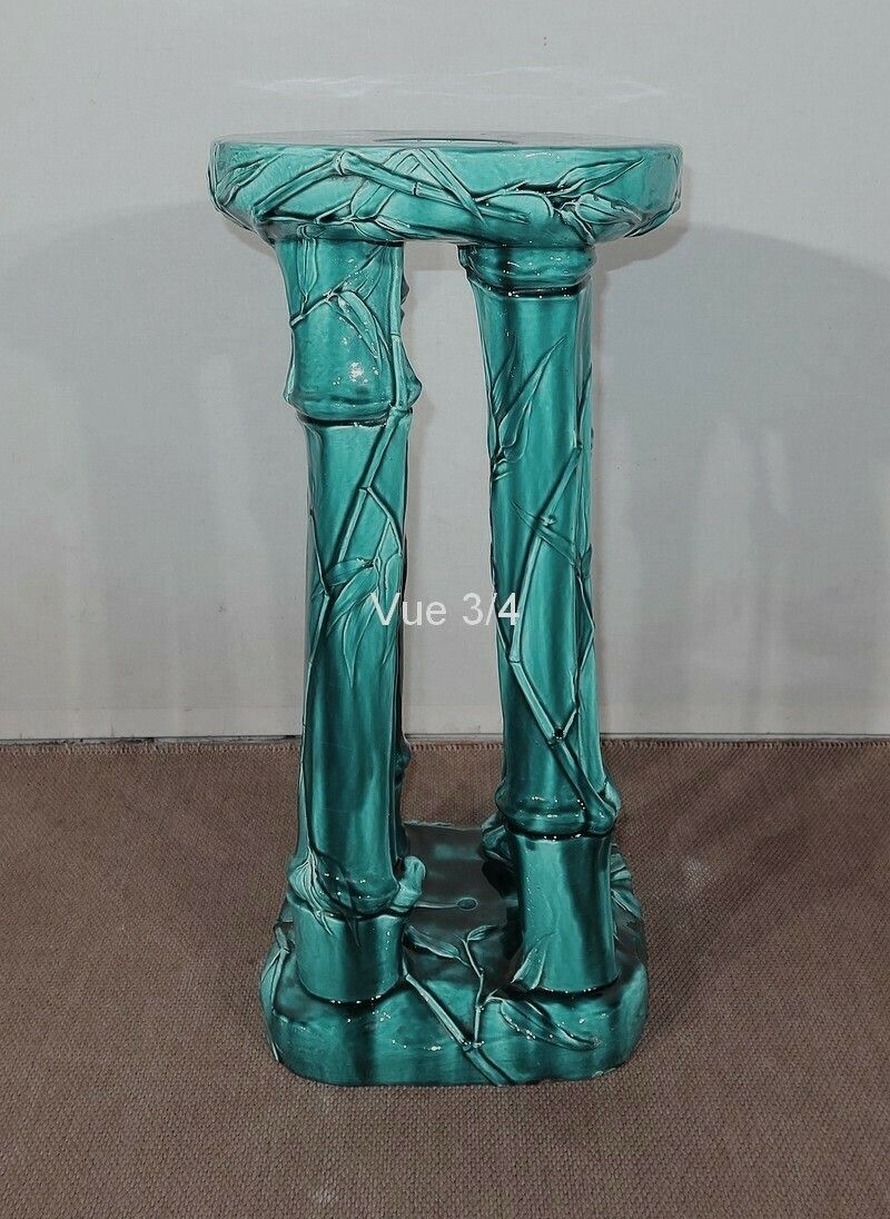 photo buy Green Glazed Ceramic Planter Support With Blue Reflections, Decorated With Bamboo, 1920