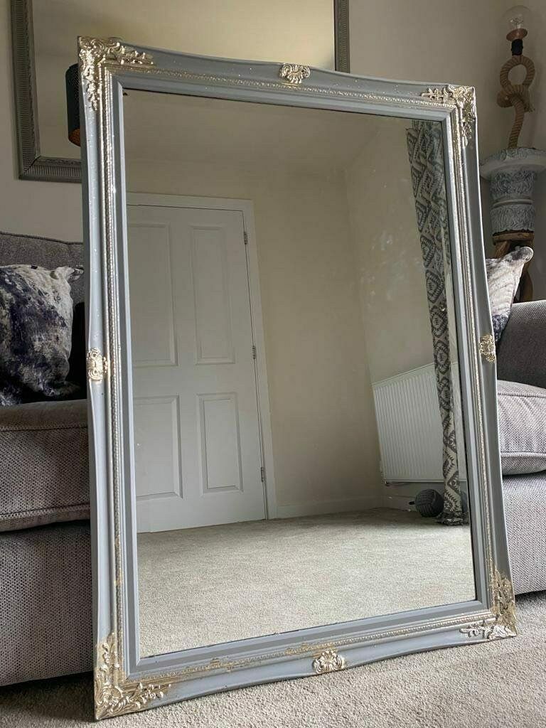 Large Mirror French Baroque Antique Ornate Painted Grey And Gold Leaf