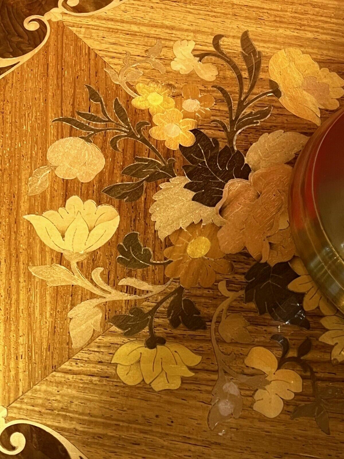 275.0 Italian Satinwood With Marquetry Floral Bouquet Inlaid Musical Table photo