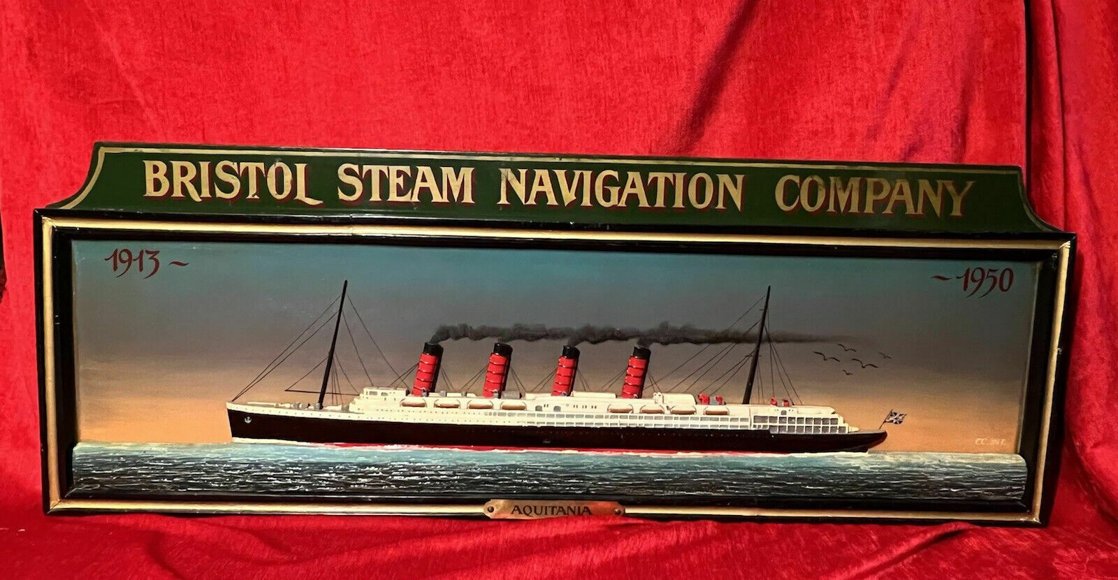 Historic Maritime Memorabilia 'Hms Aquatania' Diorama Wooden Ship Signage photo furniture