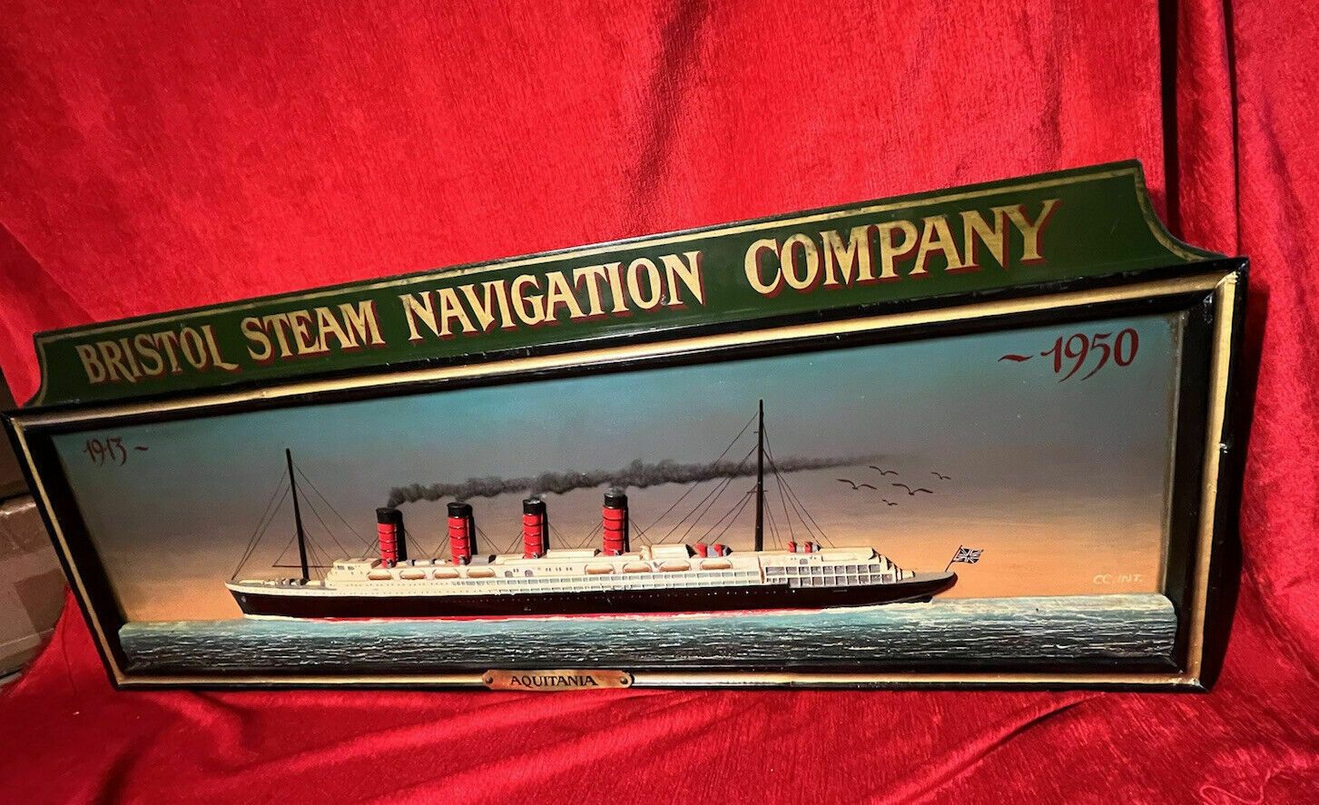 Historic Maritime Memorabilia 'Hms Aquatania' Diorama Wooden Ship Signage photo vintage