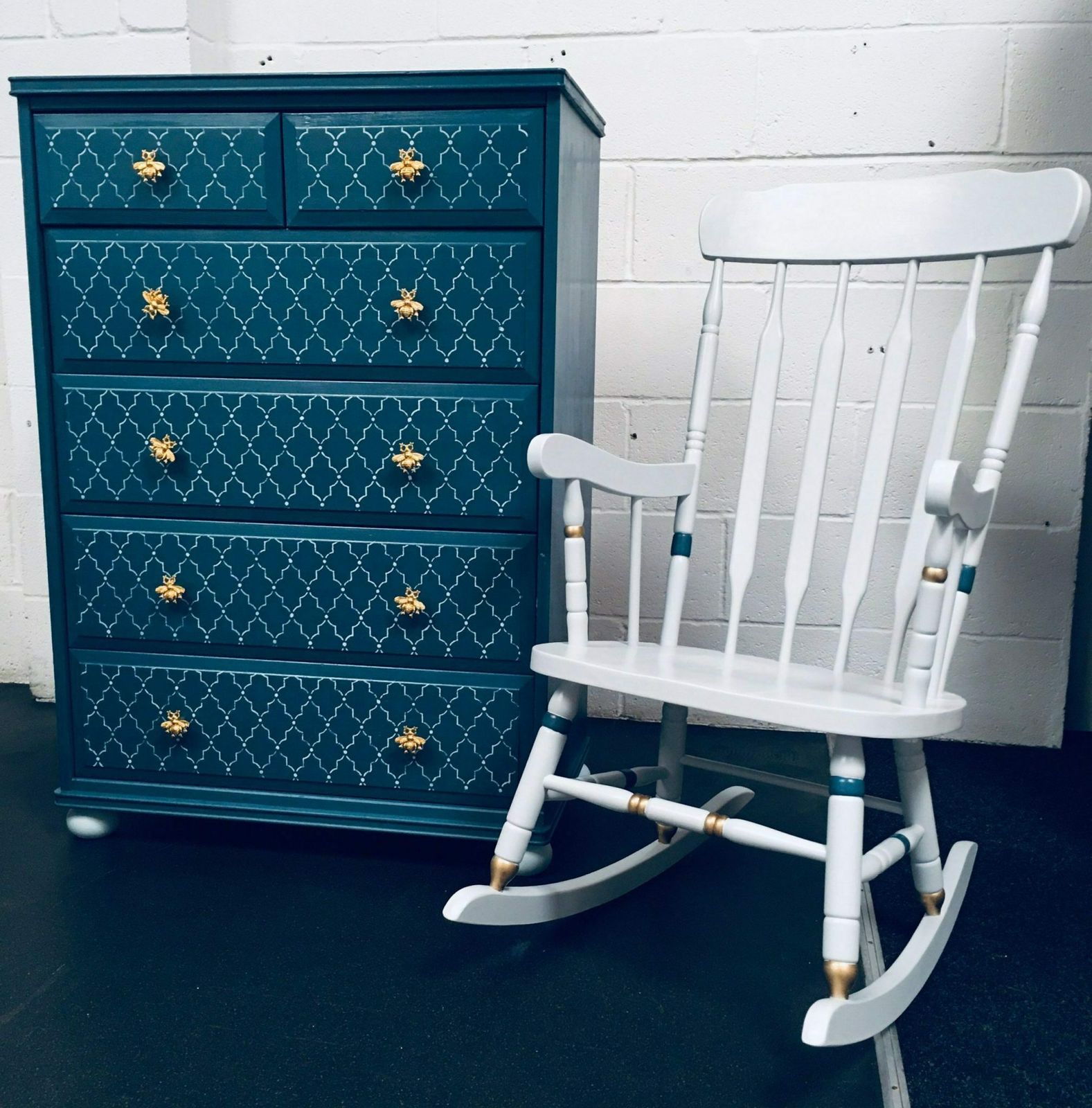 Bespoke Painted Baby Nursery Rocking Chair And Chest Of Drawers Set