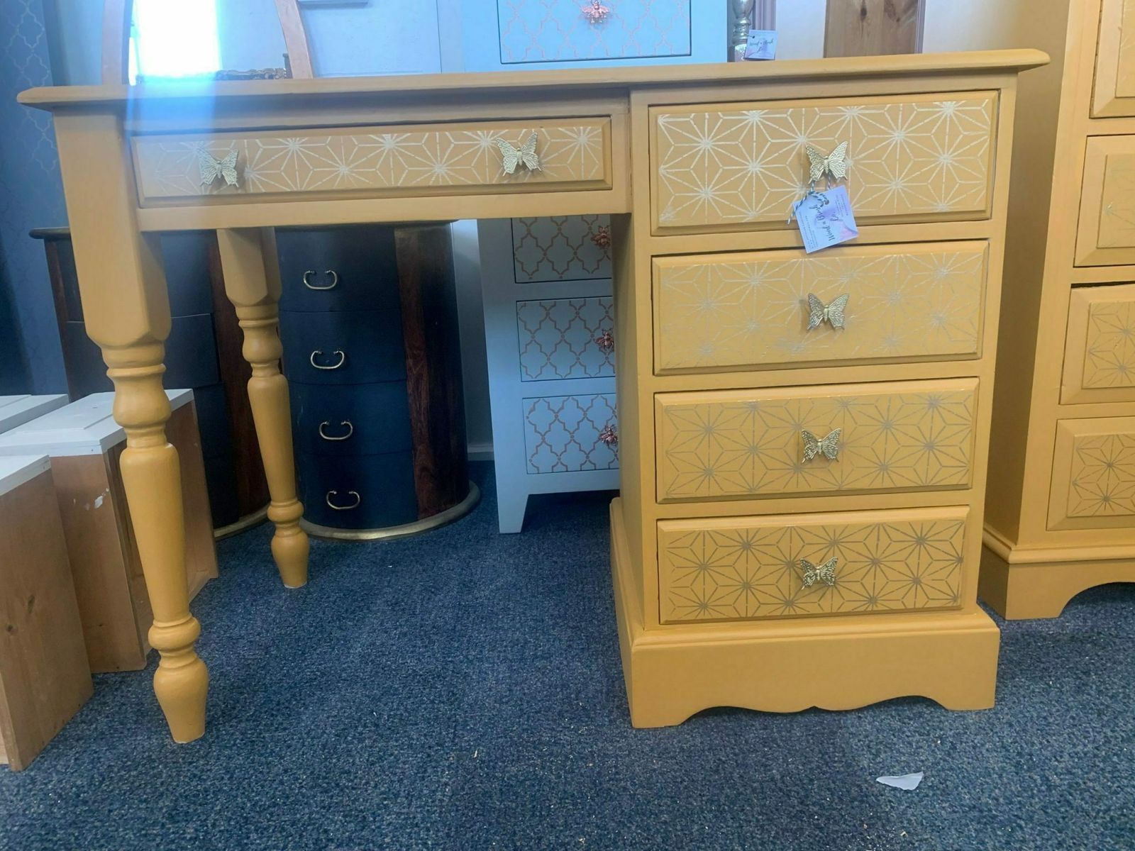 Dressing Table Painted Bespoke Moroccan Geometric Gold Leaf Bee Elephant Handles Stencilled photo furniture
