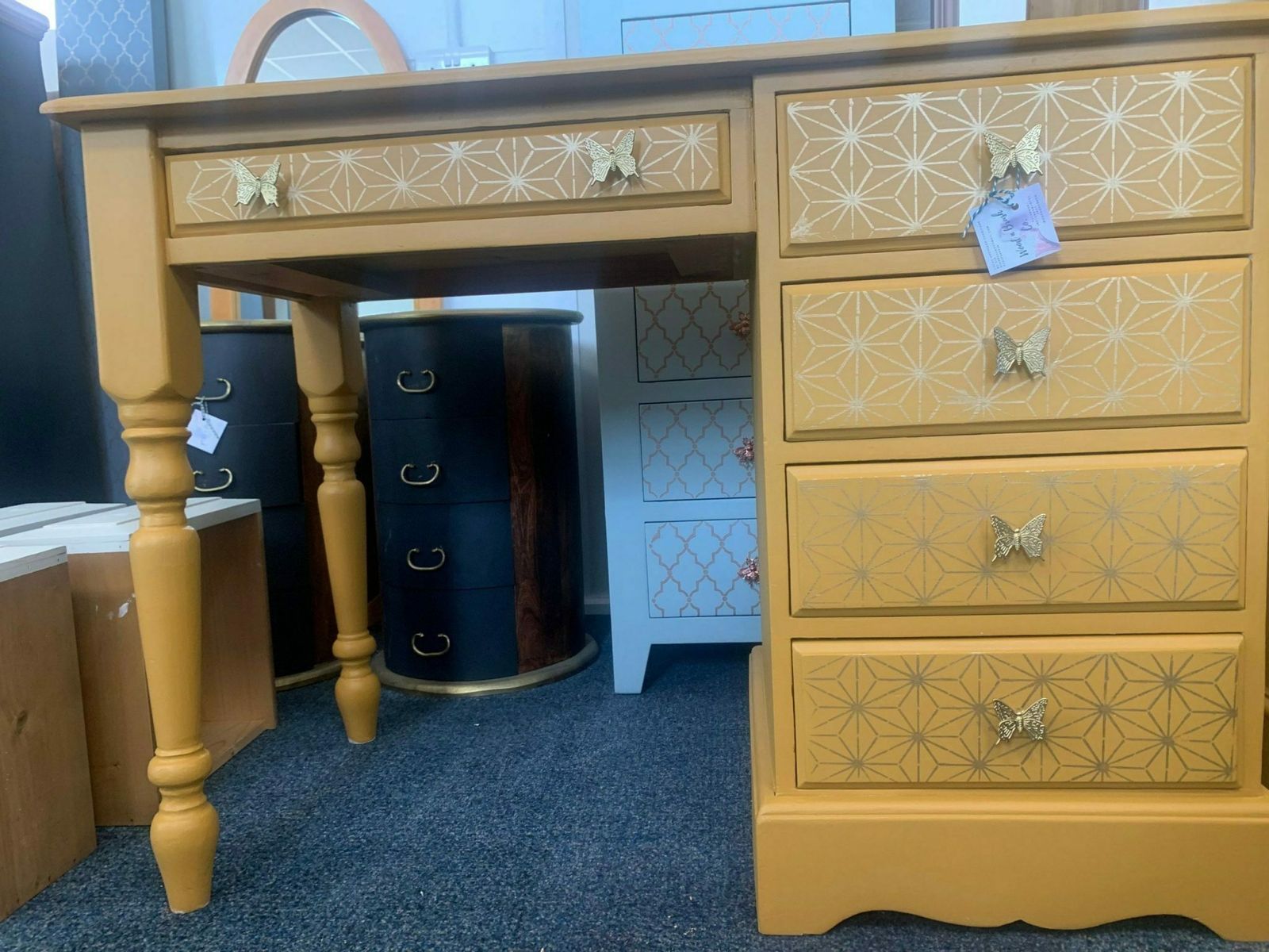 Dressing Table Painted Bespoke Moroccan Geometric Gold Leaf Bee Elephant Handles Stencilled photo for sale