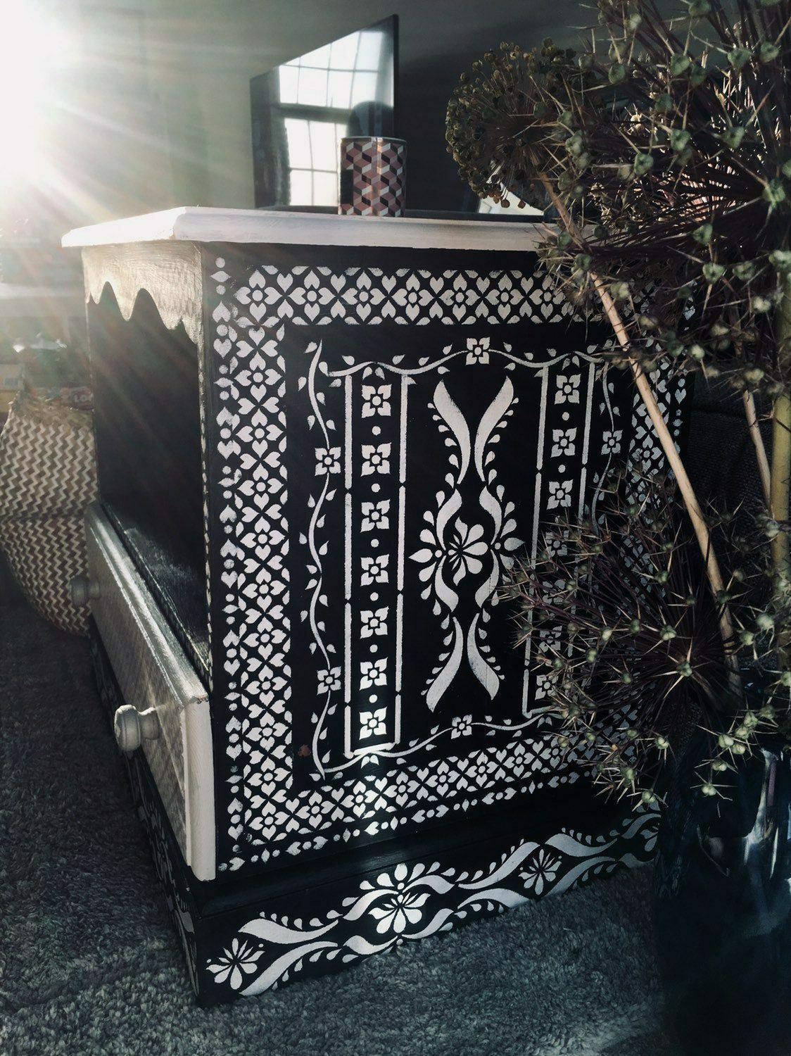 Wooden Hand Painted Tv Unit Indian Bone Inlay Black White photo for sale