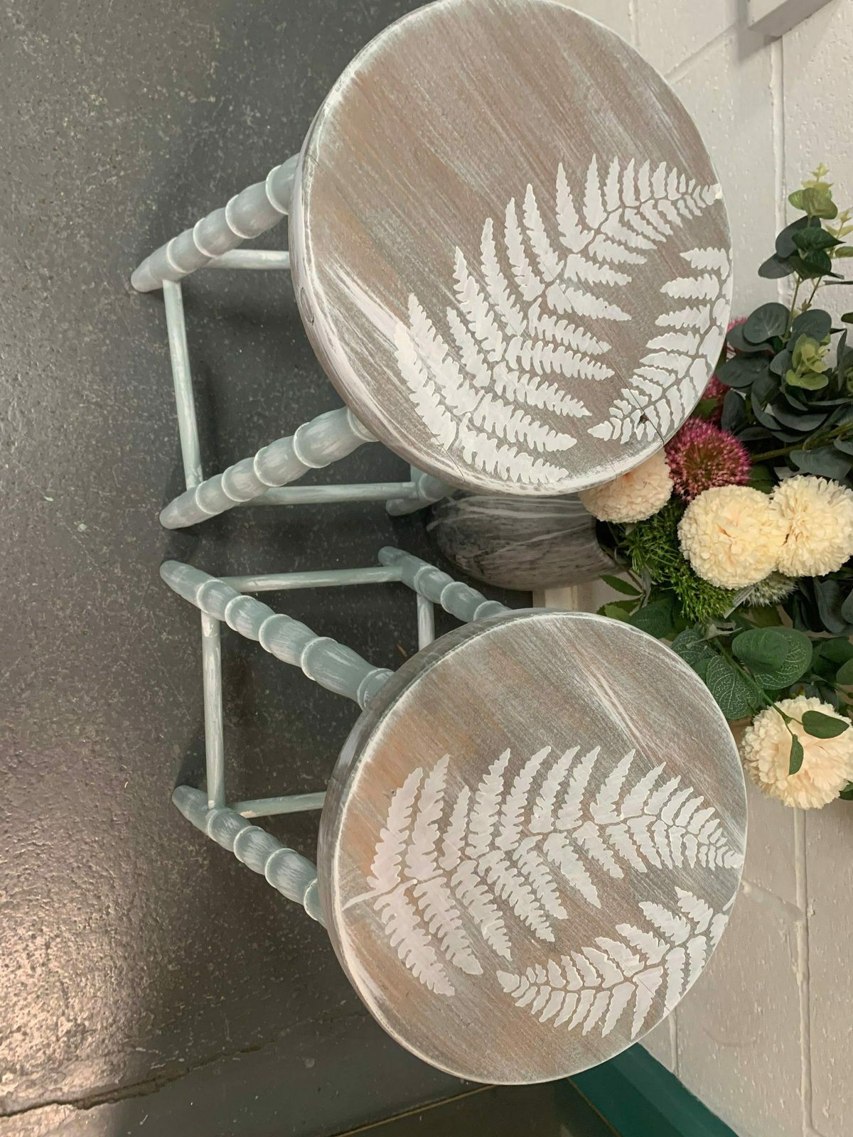 Pair Of Bar Stools Wooden Professionally Painted Fern Leaf photo for sale