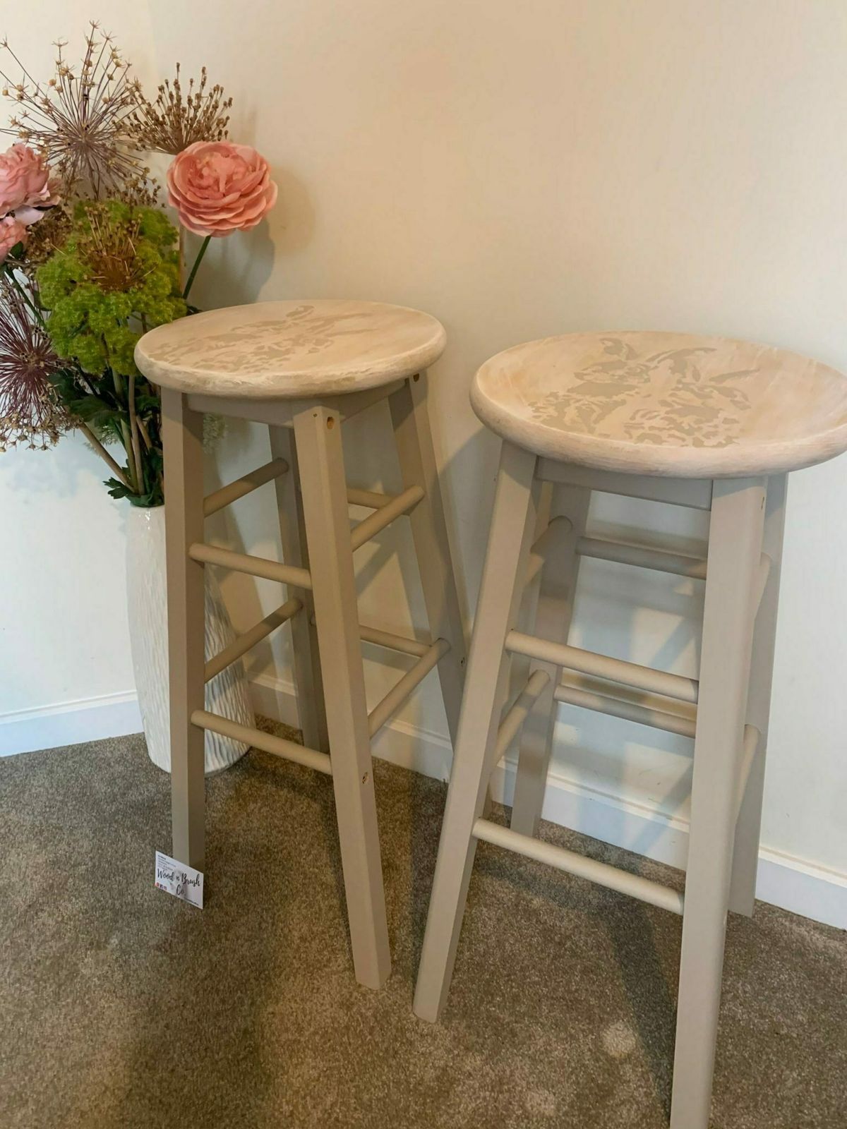 Pair Of Bar Stools Wooden Painted Bespoke Stencilled photo furniture