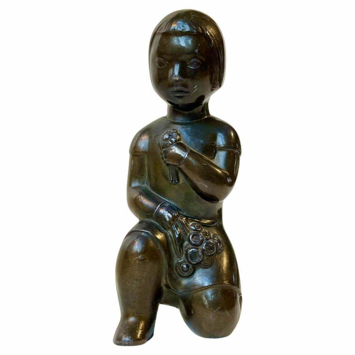 Scandinavian Bronze Figurine Of Inuit Girl With Flowers 1930s