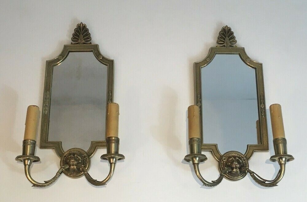 Pair Of Empire Style Bronze Sconces With Lion Head And Mirror. French Work. Around 1940 photo furniture