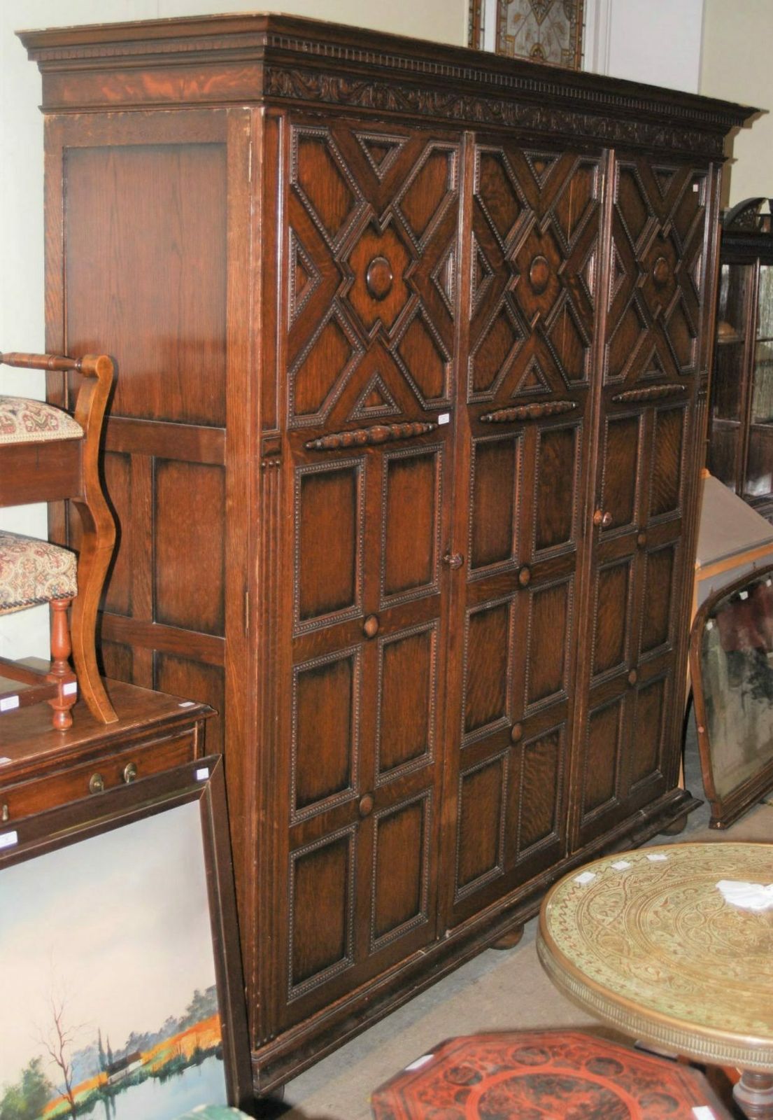 Painted Triple Jacobean Linenfold Old Charm Wardrobe