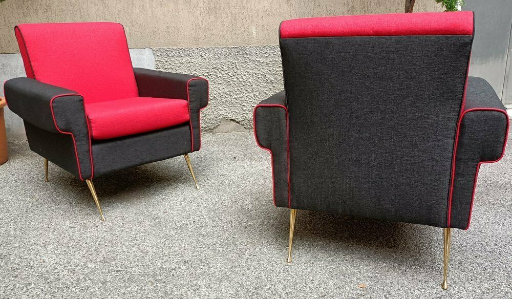 Armchairs In Red And Black With Brass Legs 1950s, Set Of 2 photo Furniture
