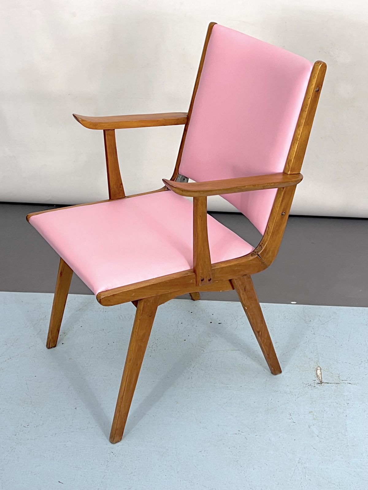 Vintage Italian Wood Accent Chair In Pink Leatherette. Italy 1950s photo furniture