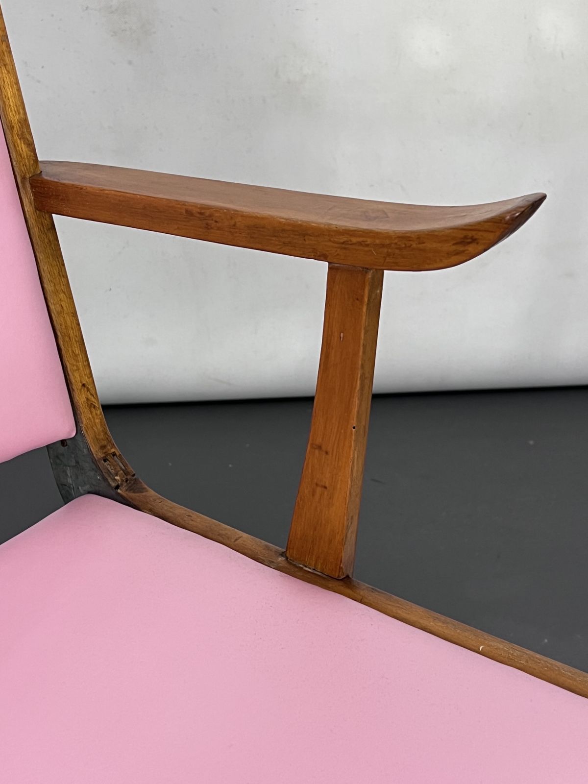 Vintage Italian Wood Accent Chair In Pink Leatherette. Italy 1950s photo vintage