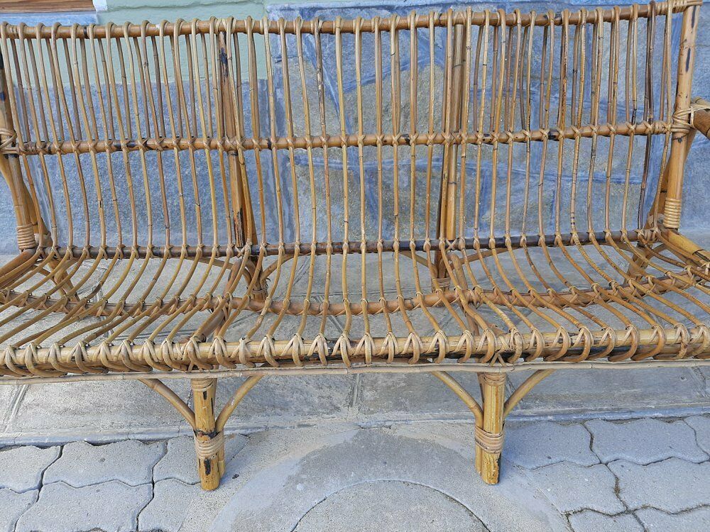 photo for sale Three Seater Wicker Sofa With Original Cushions 1950s