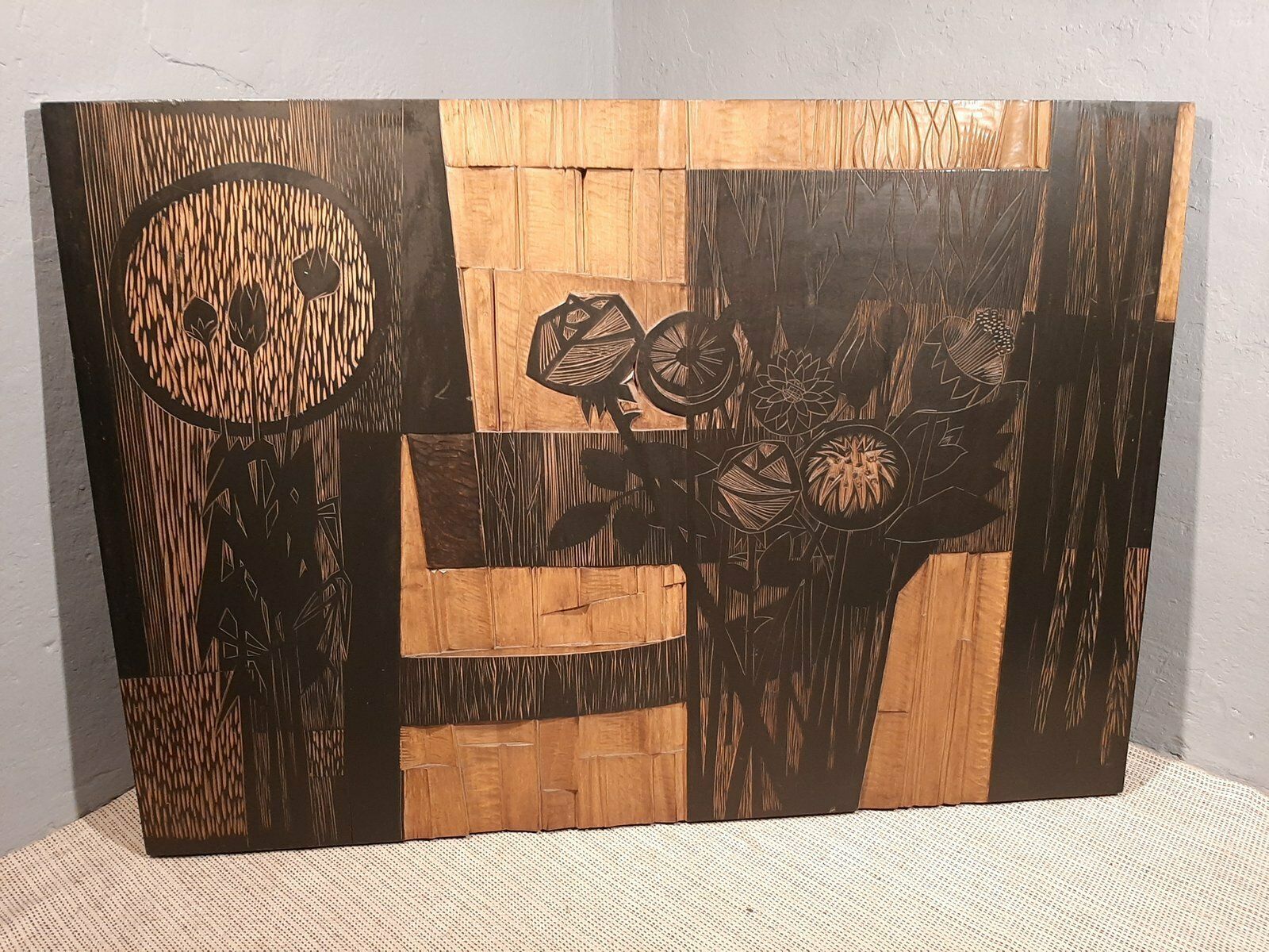 Decorative Wood Panel With Floral Motifs By Victor Cerrato, 1970s photo for sale