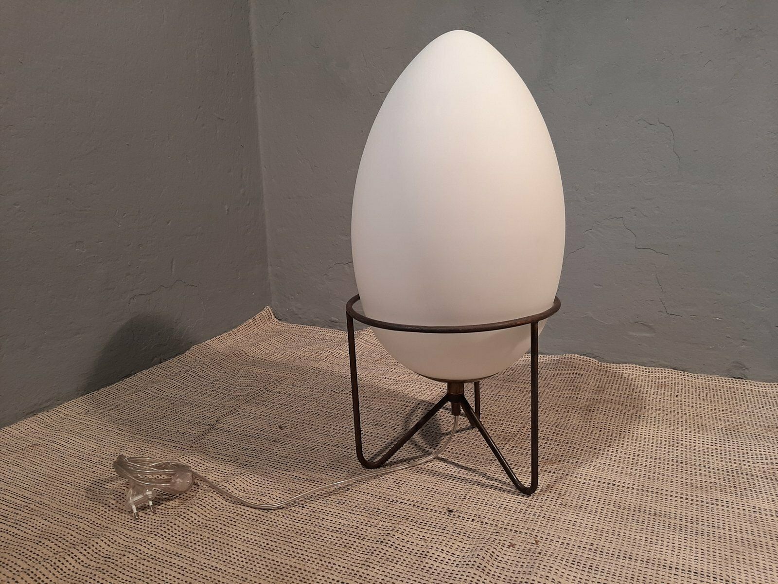 Stilnovo Style Table Lamp With Iron Structure And Egg Shaped Opal Glass Shade, 1990s photo for sale