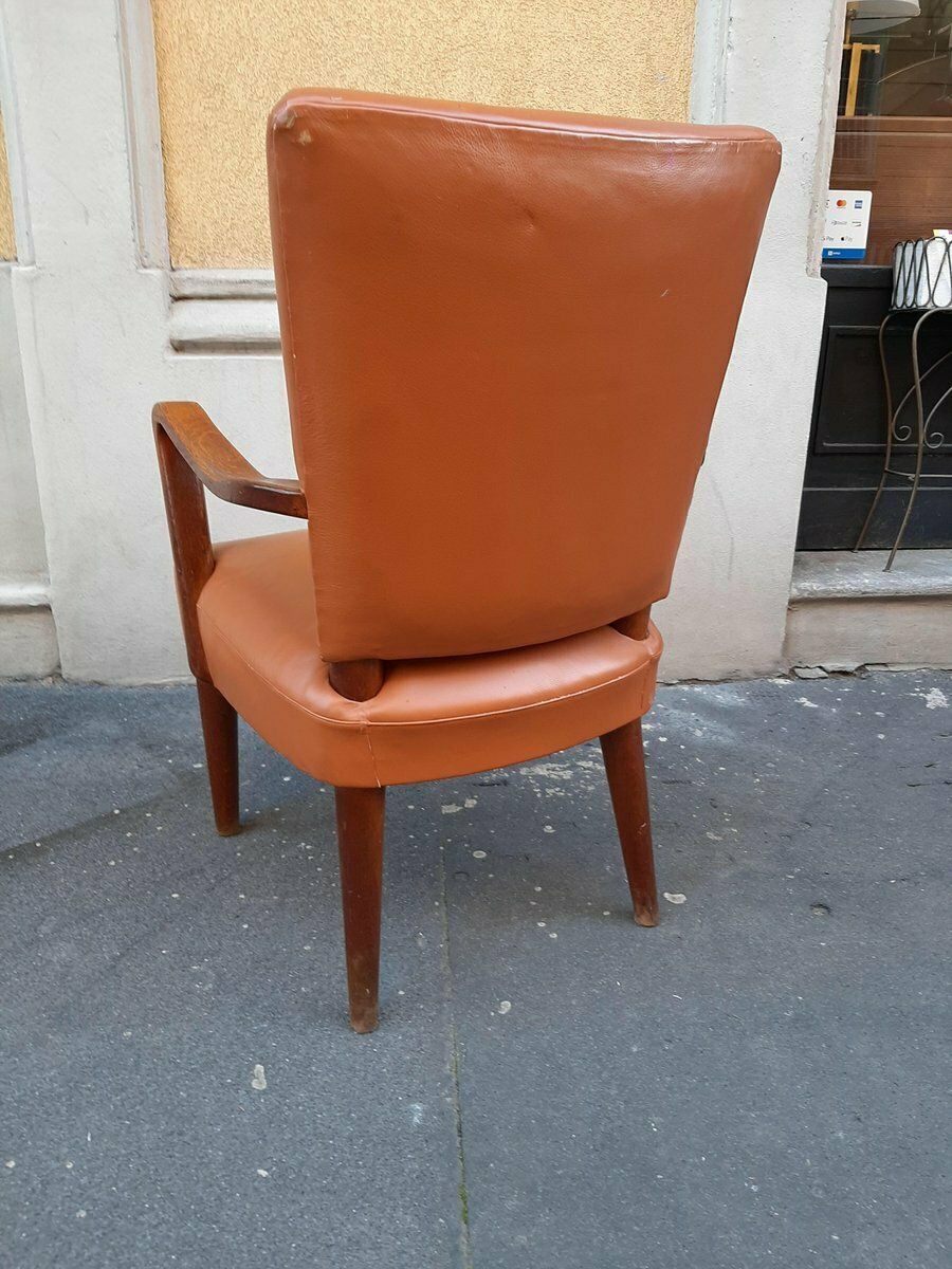 Wood And Brown Leather Armchair By Osvaldo Borsani For Atelier Borsani Varedo, 1930s photo for sale
