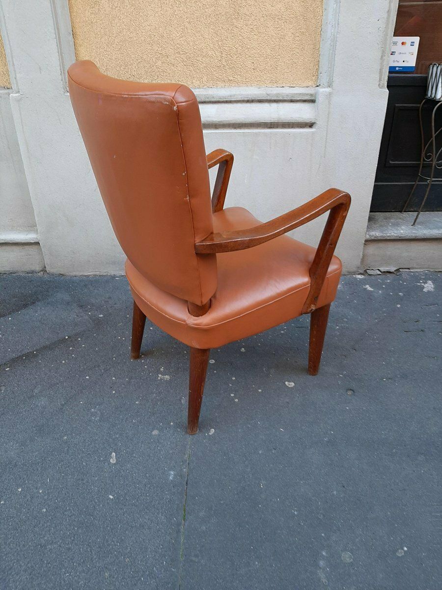 Wood And Brown Leather Armchair By Osvaldo Borsani For Atelier Borsani Varedo, 1930s photo buy