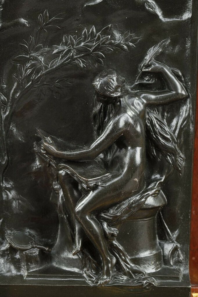 4138.0 Inkwell In Cherry Red Marble And Gilt Bronze, "Allegory Of Writing", Signed H. Chapu photo