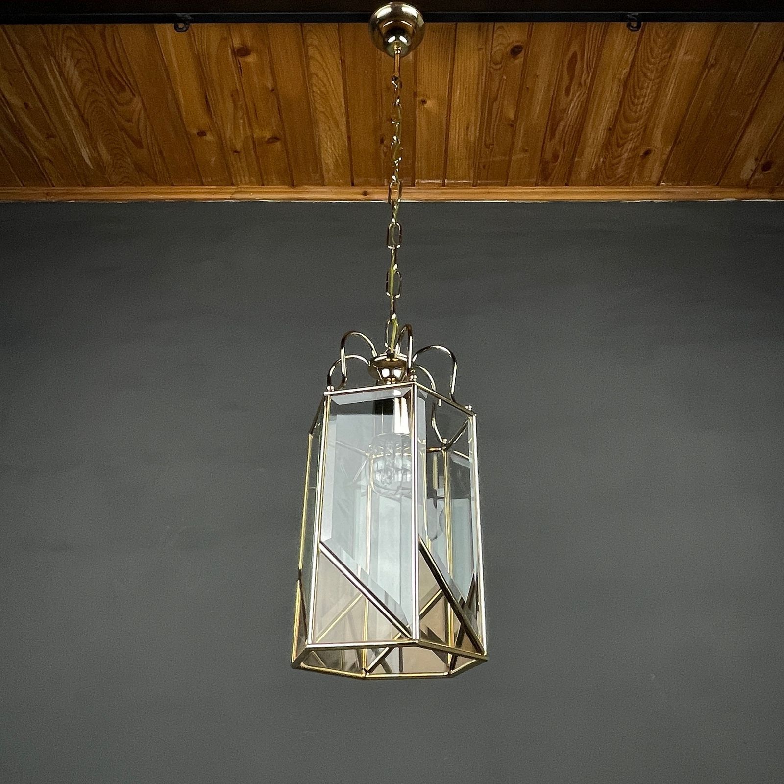Vintage Pendant Lamp Italy '60s Brass Polished Glass photo for sale