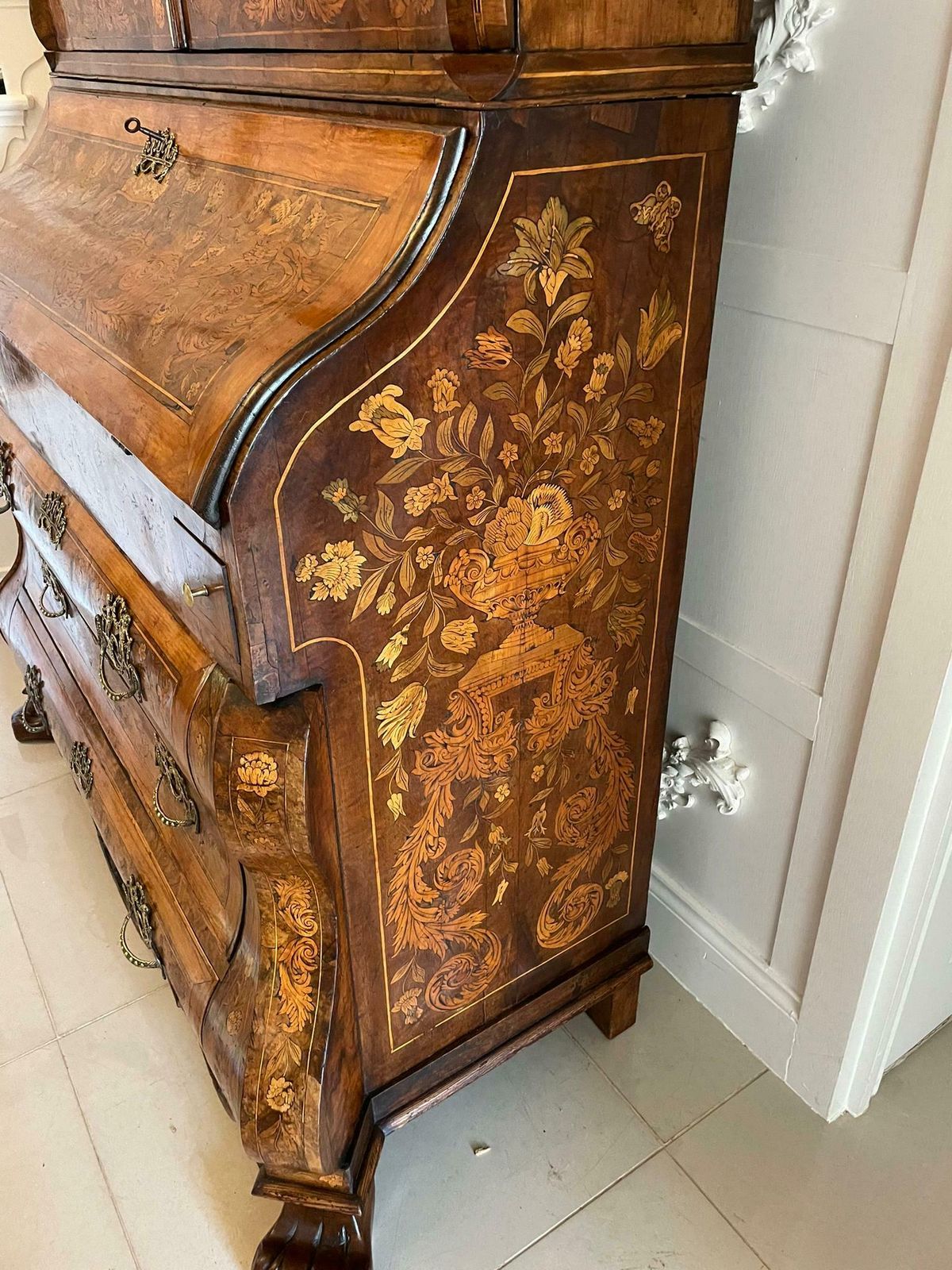 photo for sale Outstanding Quality 18th Century Antique Dutch Marquetry Inlaid Burr Walnut Bookcase