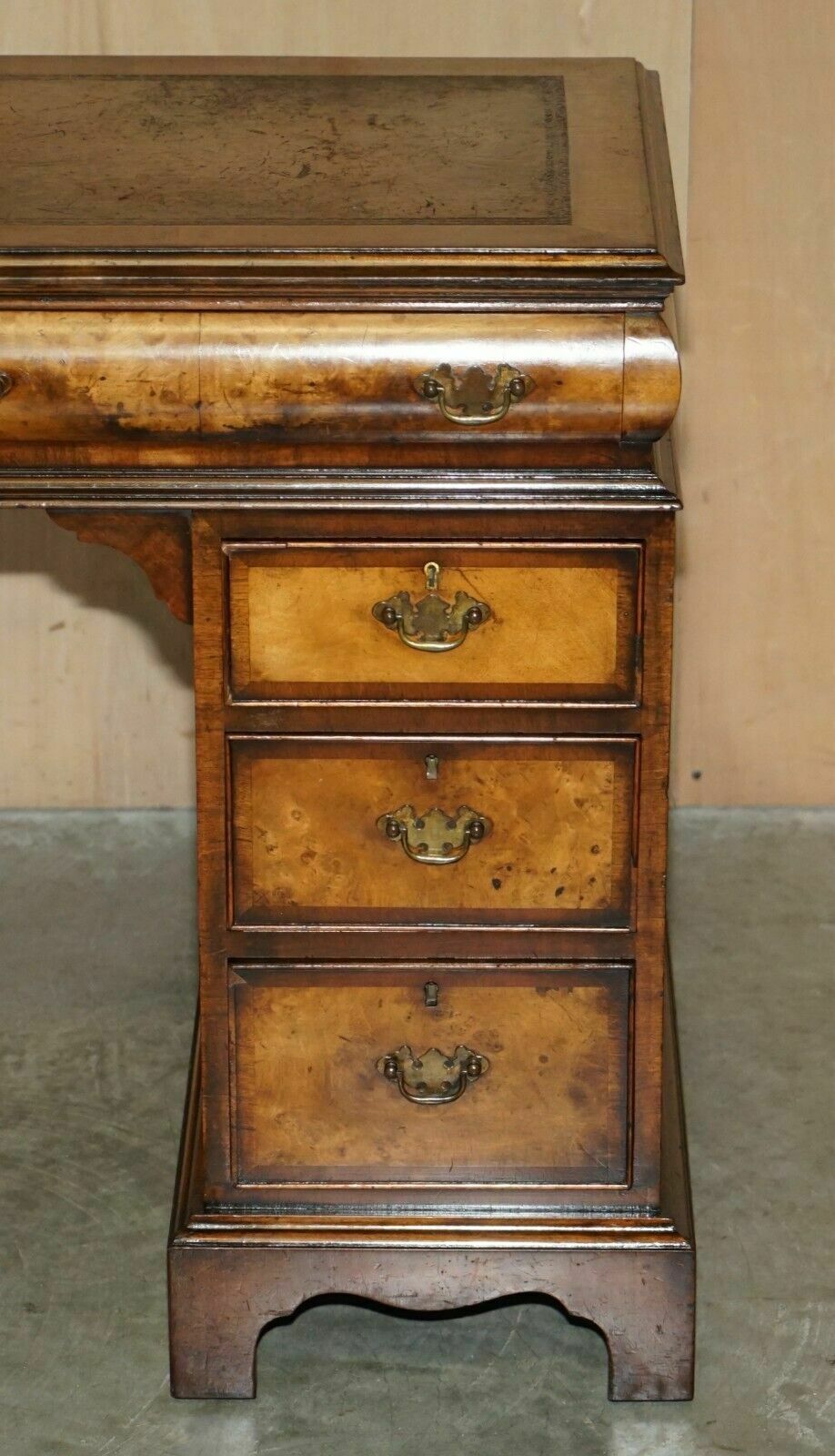 Lovely Antique Victorian Burr Walnut Cushion Drawer Brown Leather Partner Desk photo Furniture