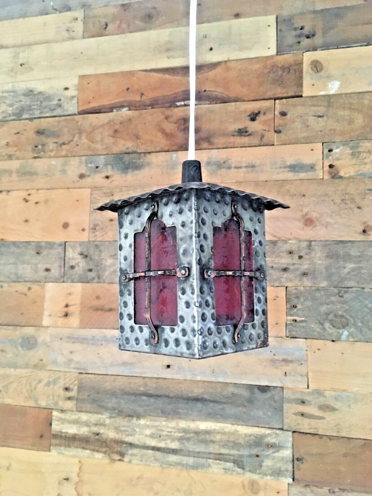 Vintage Metal Art Nouveau Style Red Glass Copper Porch Lantern Hall Light Retro